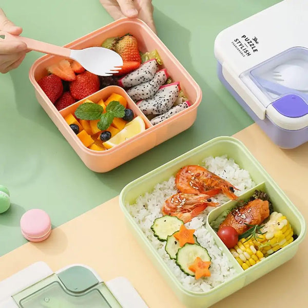Square Shaped Plastic Lunchbox with Cutlery and compartments
