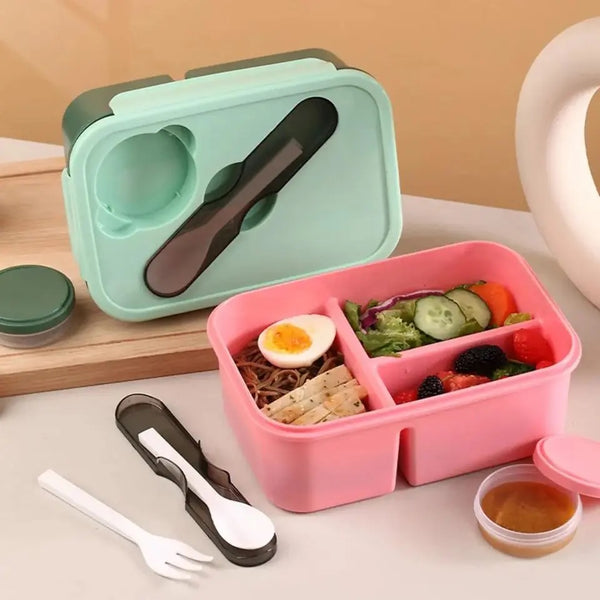 Trendy Rectangular Lunch Box with Dip Bucket and Cutlery