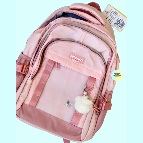 Honey Comb Designed School Bagpack with Pom Pom Keyring
