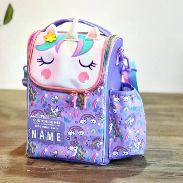 Adorable Purple Unicorn Character Lunch Bag with Name Customization