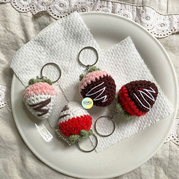 Handmade Strawberry with Chocolate Drizzle Knitted Keychain