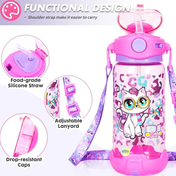 Cat Kids Water Bottle with Straw & Adjustable Strap
