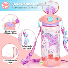 Unicorn Kids Water Bottle with Straw & Adjustable Strap