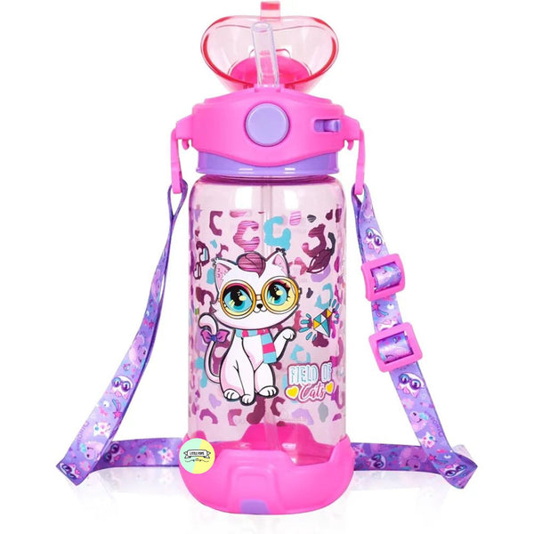 Cat Kids Water Bottle with Straw & Adjustable Strap