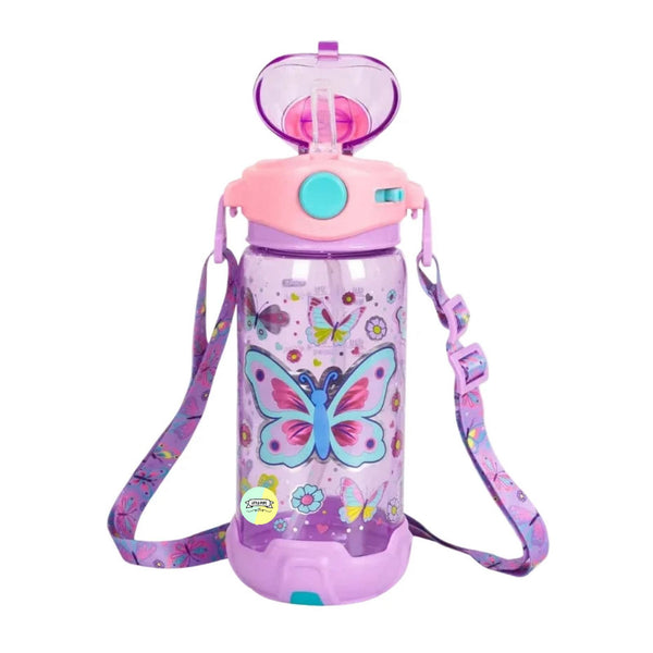 Butterfly Kids Water Bottle with Straw & Adjustable Strap
