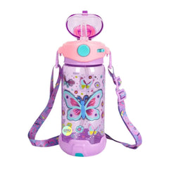 Butterfly Kids Water Bottle with Straw & Adjustable Strap