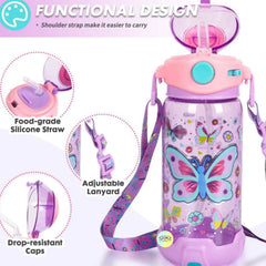 Butterfly Kids Water Bottle with Straw & Adjustable Strap