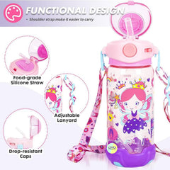 Princess Kids Water Bottle with Straw & Adjustable Strap