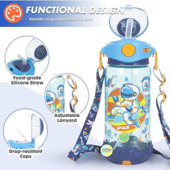 Space Kids Water Bottle with Straw & Adjustable Strap