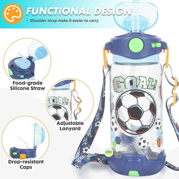 Football Kids Water Bottle with Straw & Adjustable Strap