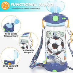 Football Kids Water Bottle with Straw & Adjustable Strap