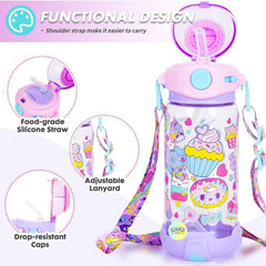 Donut Kids Water Bottle with Straw & Adjustable Strap