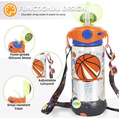 Basketball Kids Water Bottle with Straw & Adjustable Strap