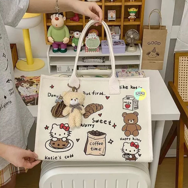 Aesthetic Kawaii Canvas Tote Bag | Cute Printed Shoulder Bag