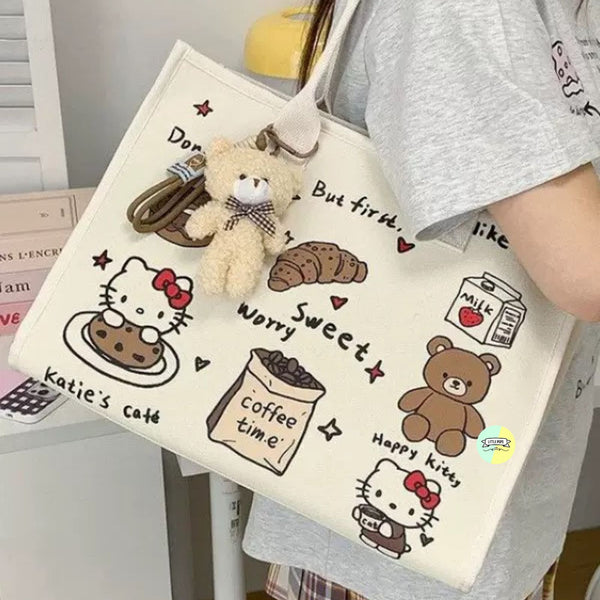 Aesthetic Kawaii Canvas Tote Bag | Cute Printed Shoulder Bag