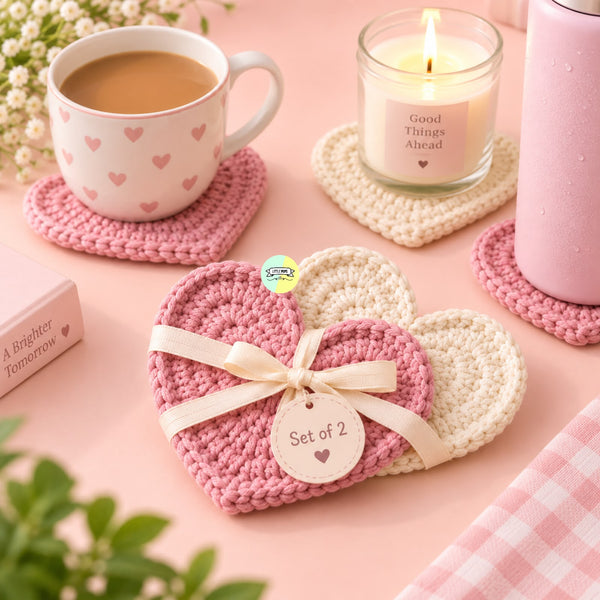 🌸 Crochet Heart Designed Coaster Set (2 pcs set)