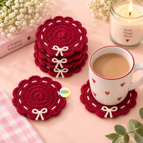 Cute Bow Designed Crochet Coaster (Set of 4)