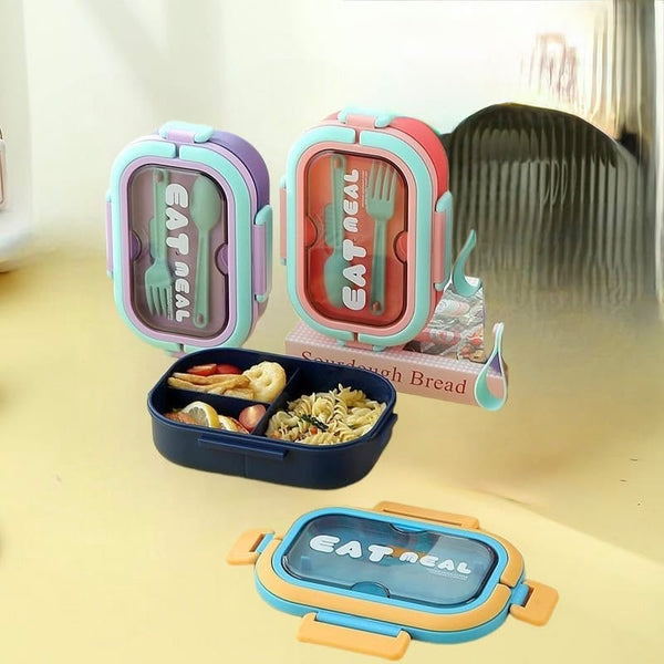 Trendy Colourful Plastic Lunch Box with Cutlery (3 Compartments)