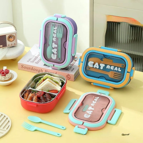 Colourful Trendy Plastic Lunchbox with Cutlery (3 compartments)