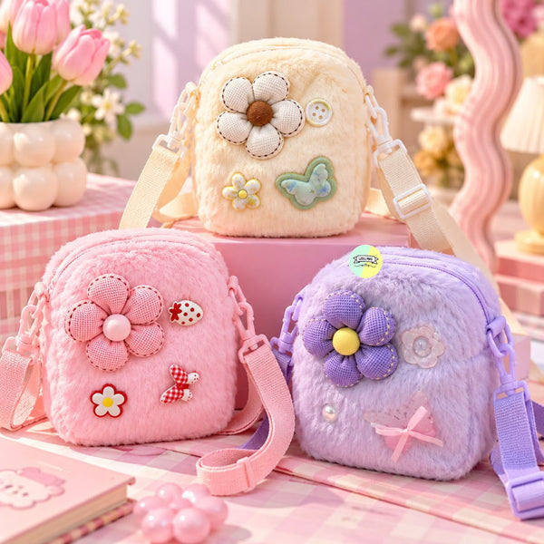 Cute Floral Themed Plush Fur Crossbody Bag