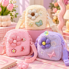 Cute Floral Themed Plush Fur Crossbody Bag