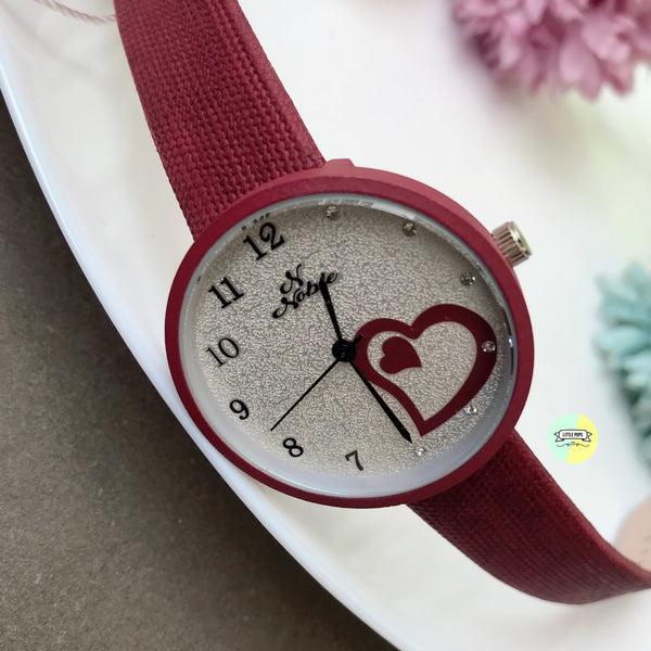 Maroon Round Heart designed Dial Strap Watch