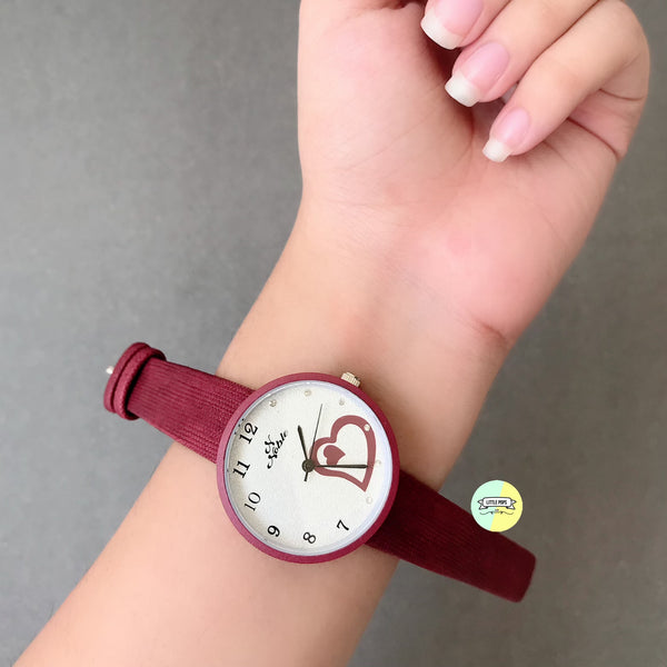 Maroon Round Heart designed Dial Strap Watch