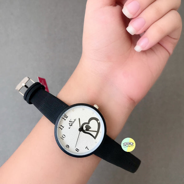 Black Round Heart designed Dial Strap Watch