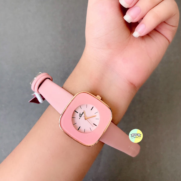 Light Pink Square Dial Strap Watch