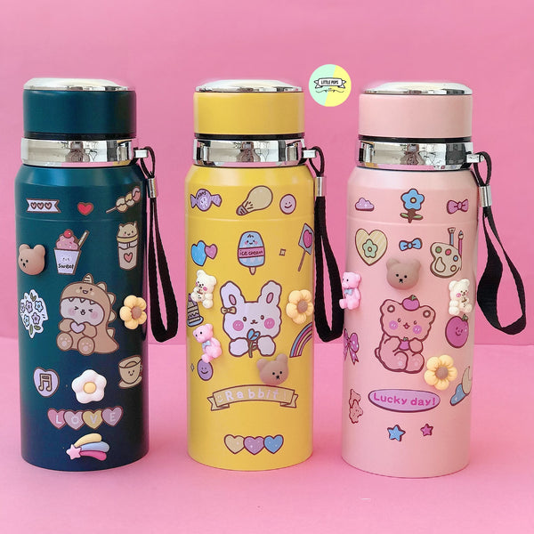 Adorable Embossed Characters Stainless Steel Water bottle with cute stickers