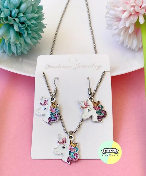 Cute Unicorn Necklace & Earrings Set